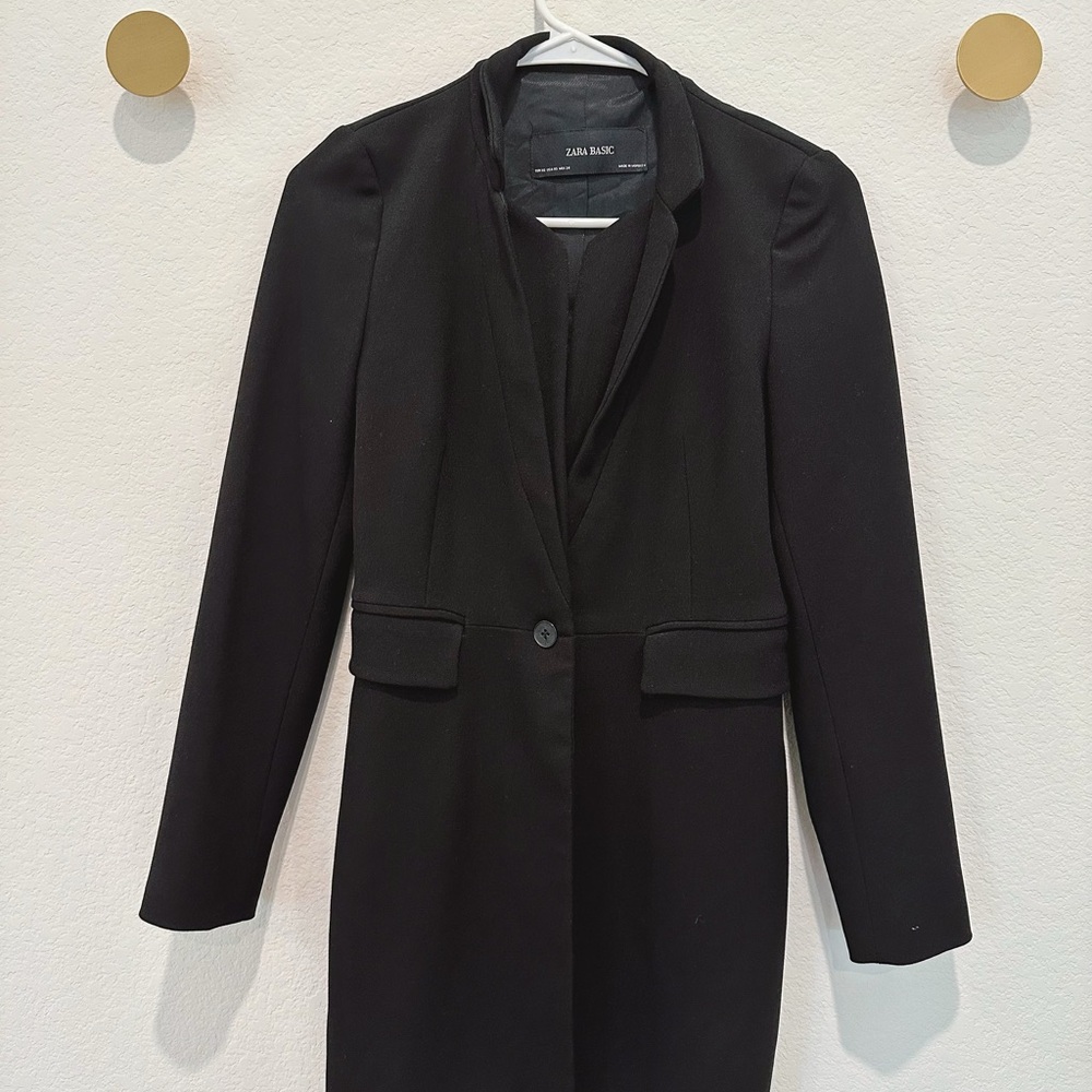 ZARA Women Inverted Lapel Frock Coat Long Blazer BLACK
